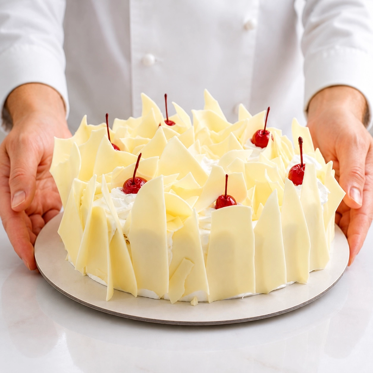 White Forest Cake with smooth white cream frosting, perfect for birthdays, anniversaries, and family celebrations